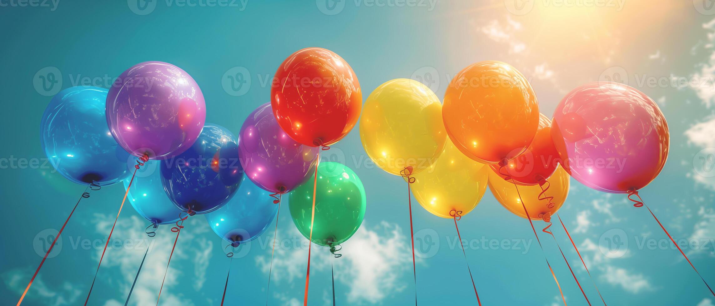 Floating rainbow color balloons on blue sky background, pride month celebration concept photo