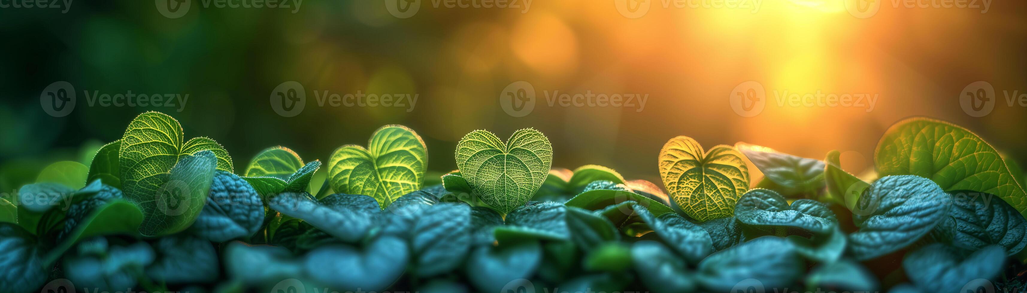 Vibrancy of heart-shaped leaves garden against a soft blurred morning light backgraound for banner or wallpaper photo
