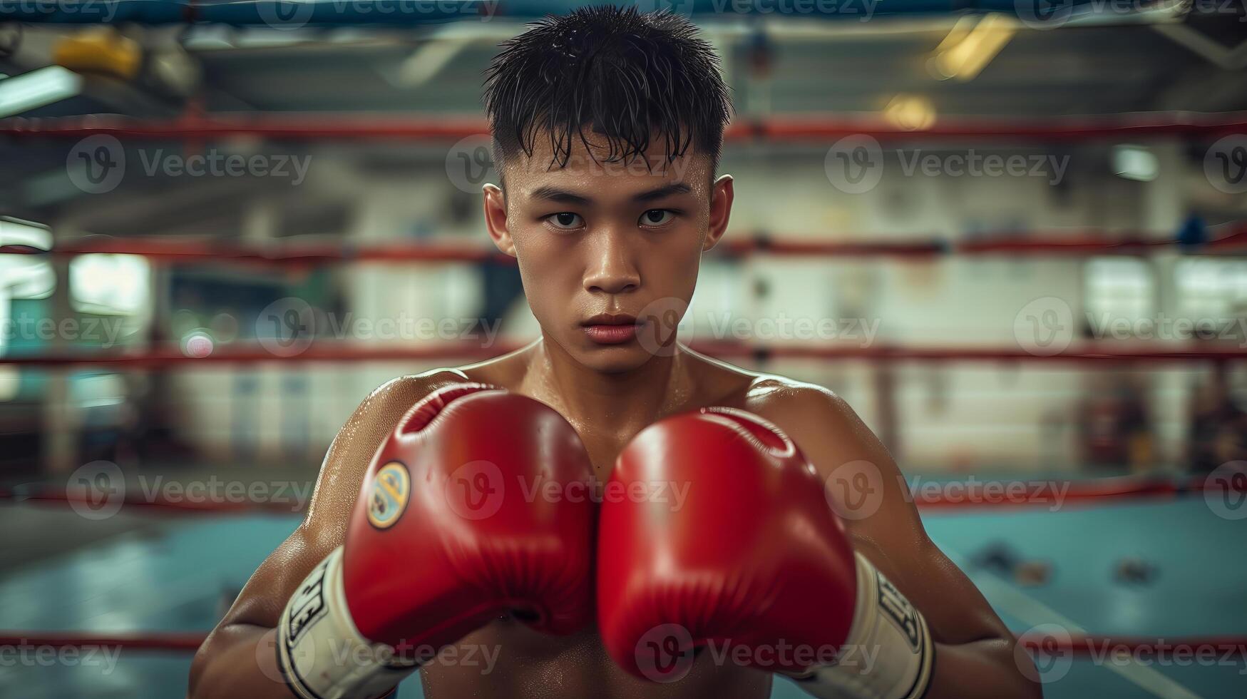 Portrait of Thai teenage boy wearing red boxing gloves boxing in the ring, sport photo style