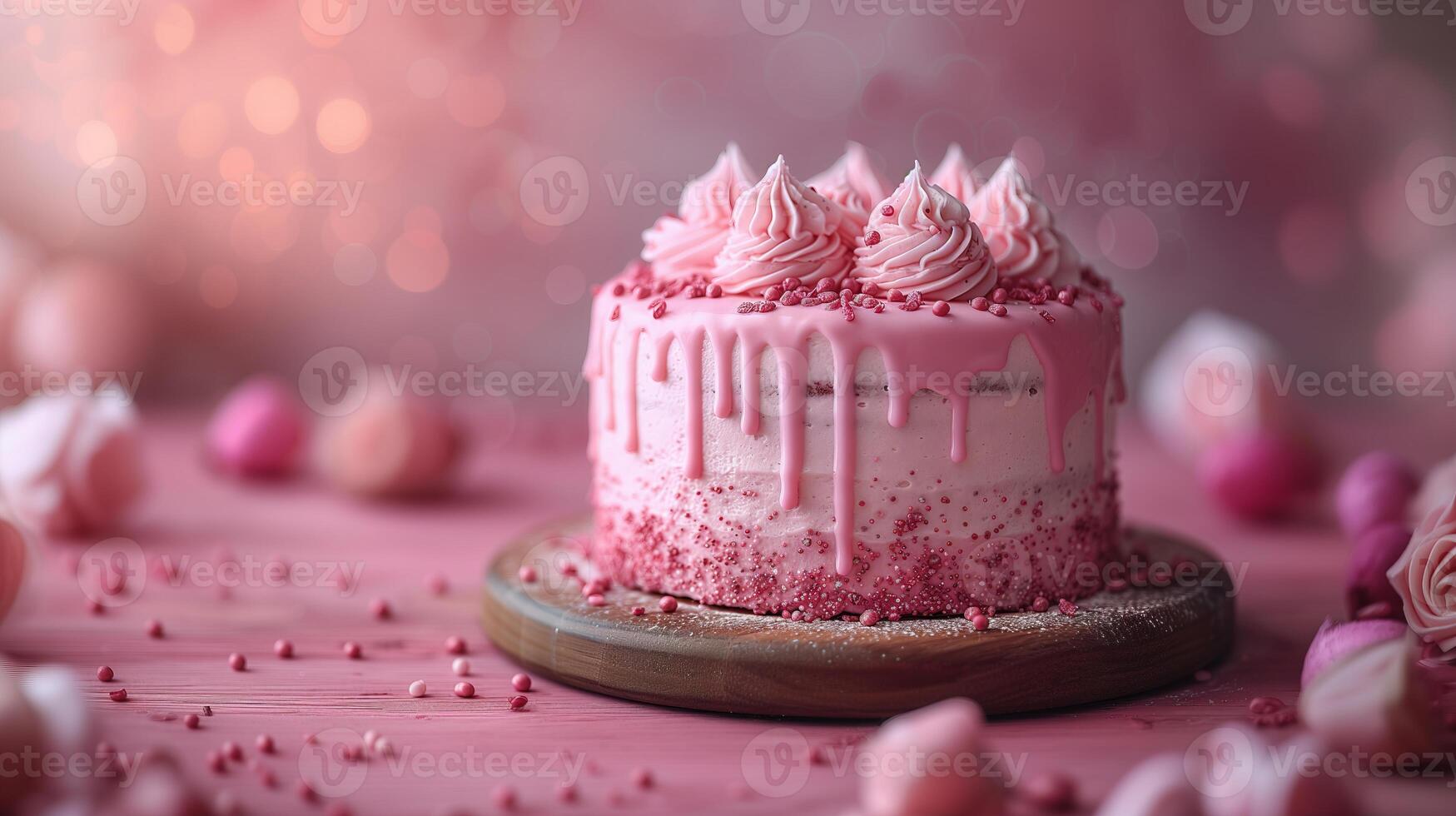 Pink fancy birthday cake on empty wooden table on pink background with copy space, cerebration birthday party photo