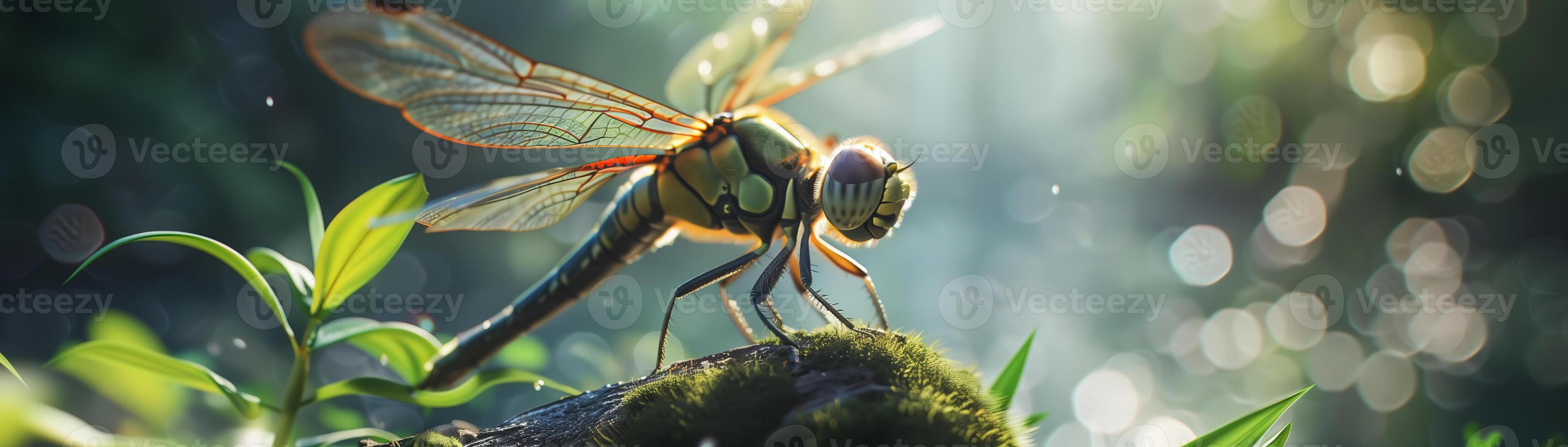 Close up of a Dragonfly perched on a mossy log with natural background and sunlight photo