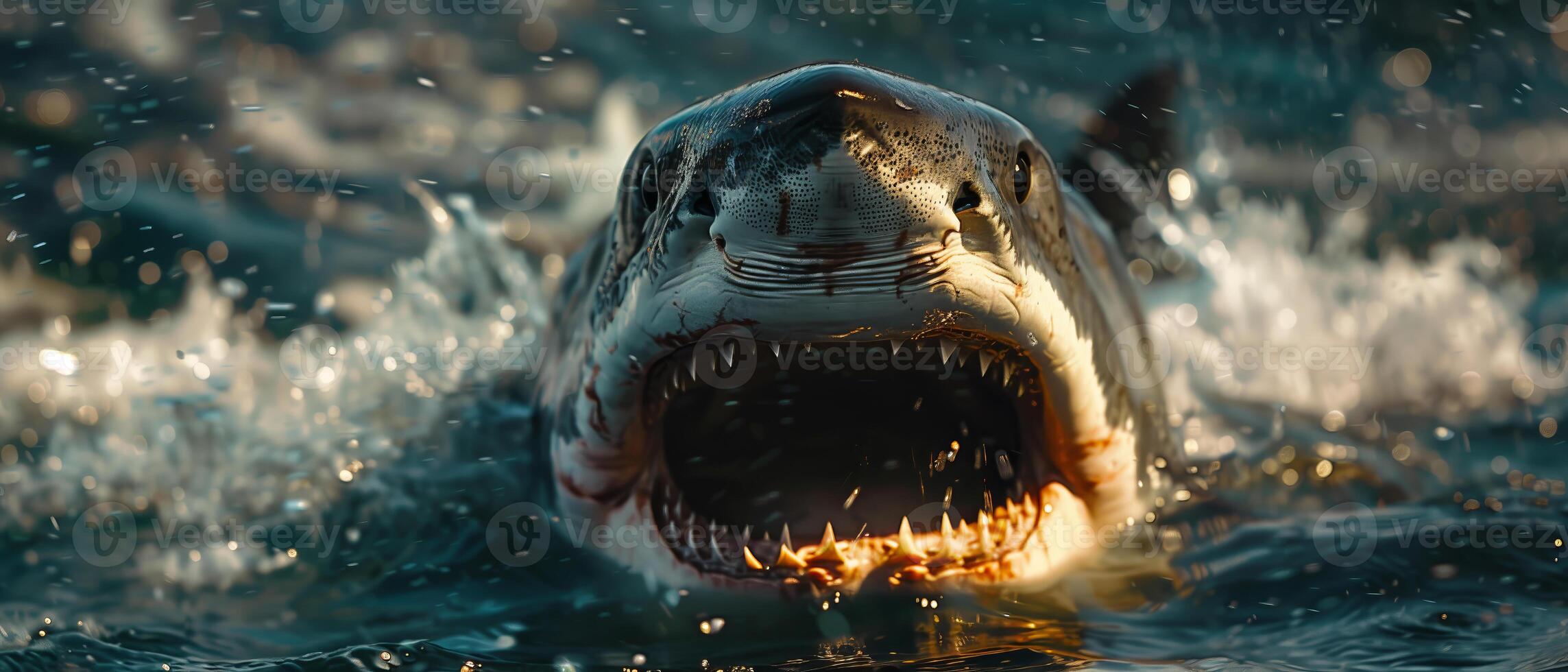 Cinematic photography of scary Great white shark with mouth open on surface of the ocean. photo