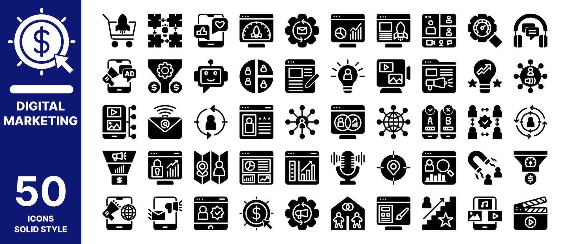 Digital marketing icon set with solid style. Contains 50 icons . vector