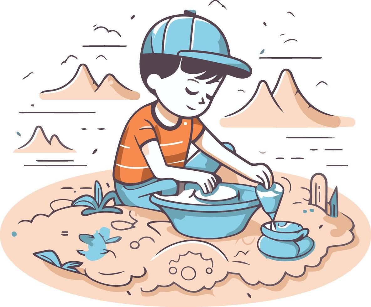 Illustration of a boy in the desert playing with sand and water vector