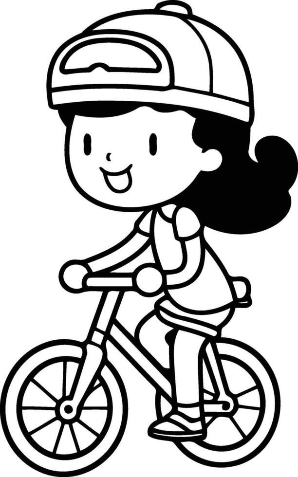 linda pequeño niña montando un bicicleta en el ciudad. vector