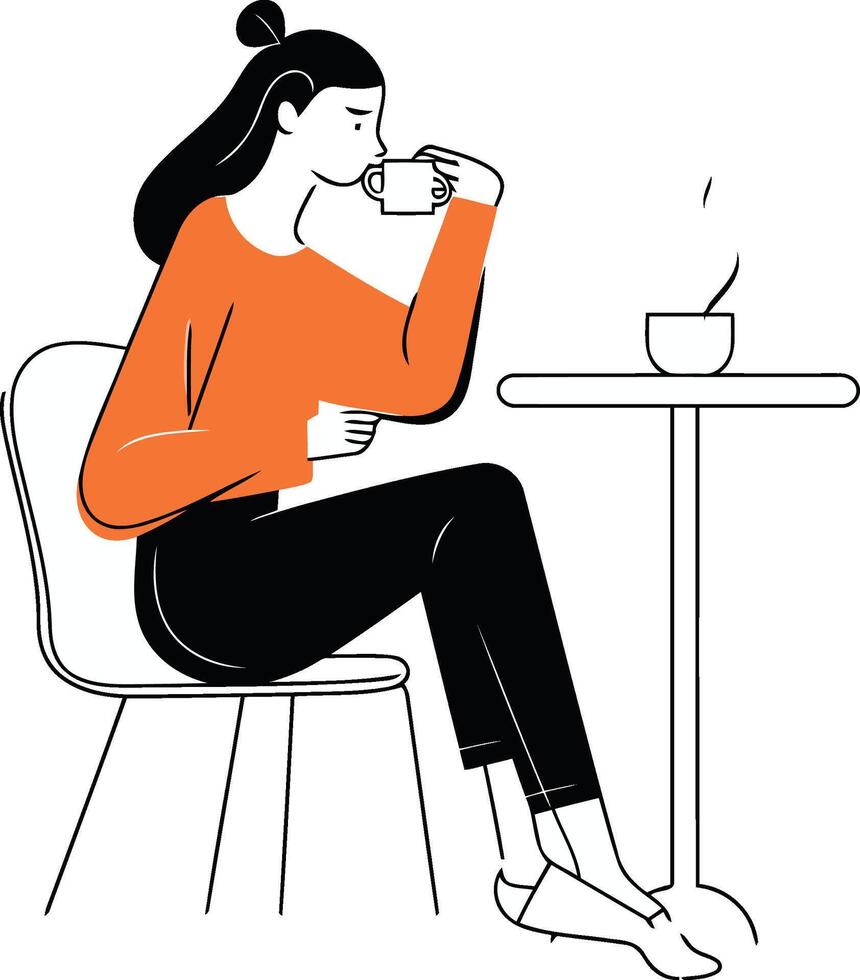 Woman drinking coffee in cafe in flat cartoon style. vector