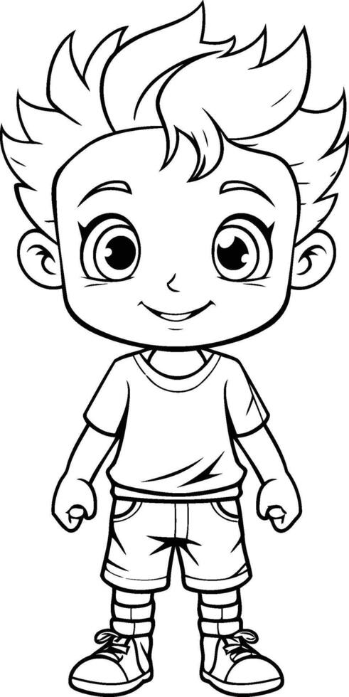 colorante página contorno de un linda pequeño chico dibujos animados personaje vector