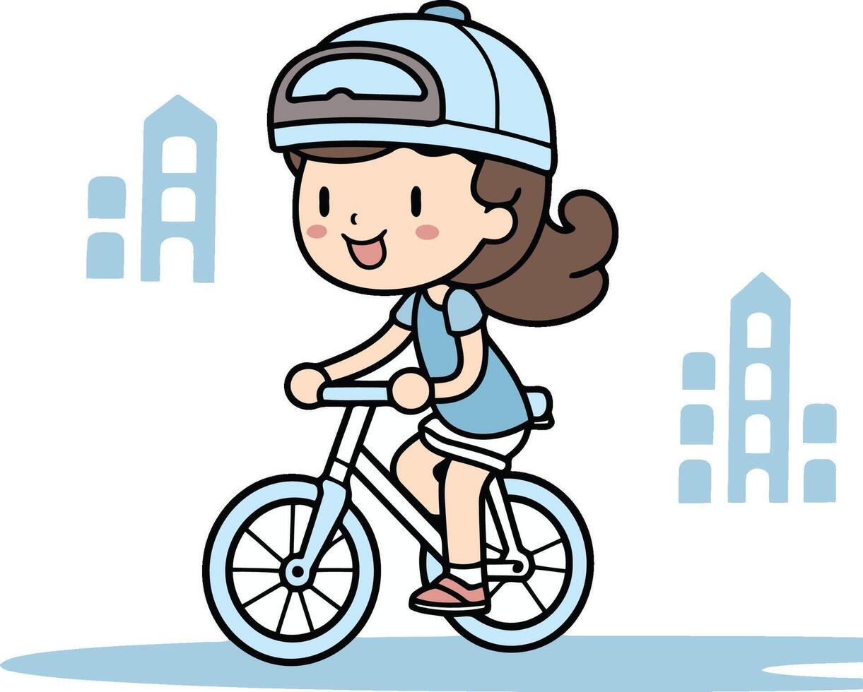 linda pequeño niña montando un bicicleta en el ciudad. vector