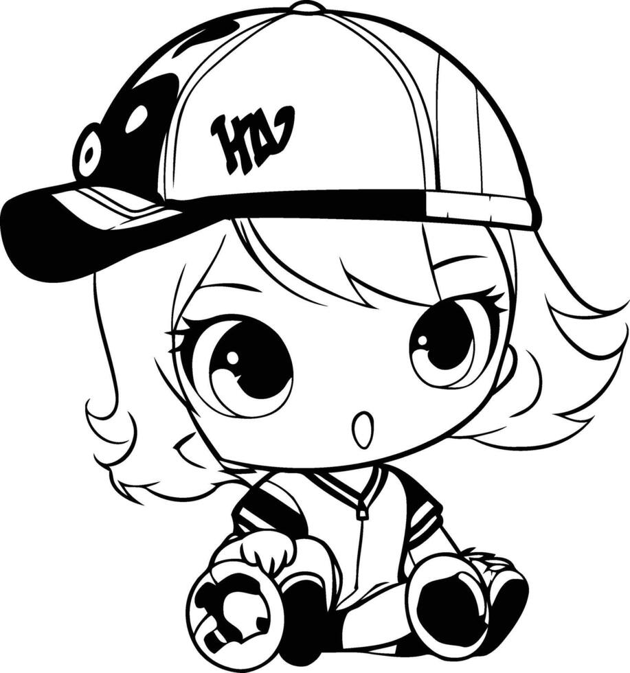 linda pequeño niña con béisbol gorra y guantes. vector