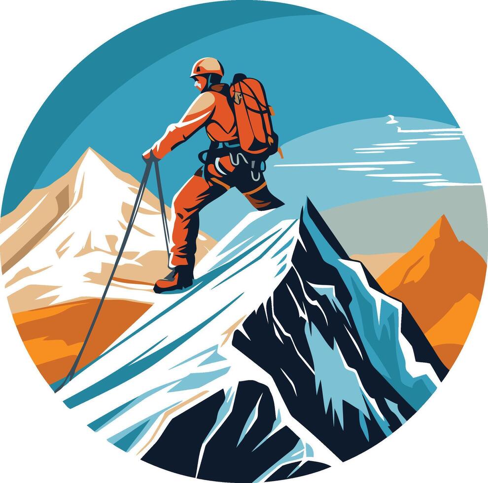 Hiker on the mountain peak in retro style. vector