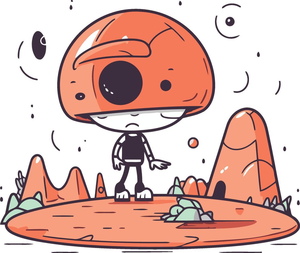 Cute Cartoon Robot Character on the Rock. vector