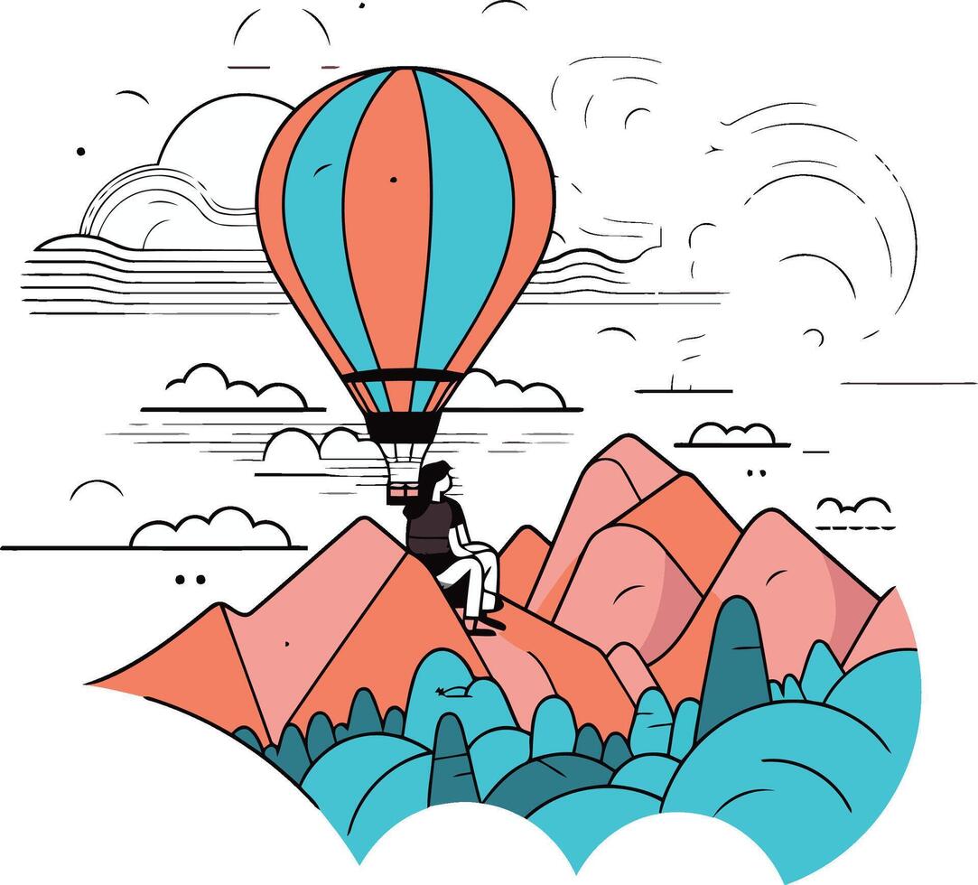 illustration of a man flying on a hot air balloon over the mountain range. vector