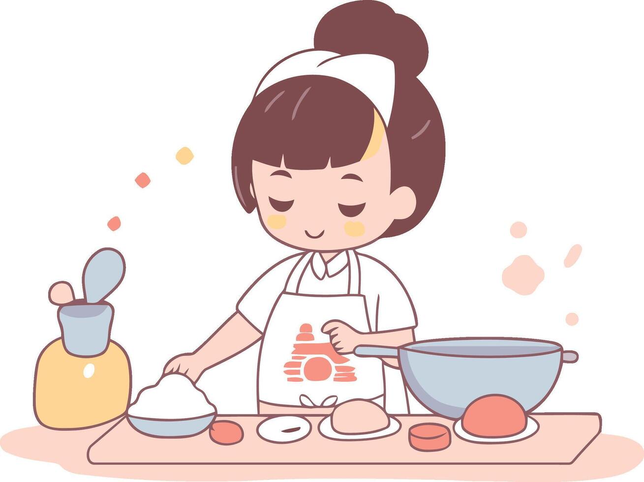 linda pequeño niña Cocinando en el cocina en dibujos animados estilo. vector