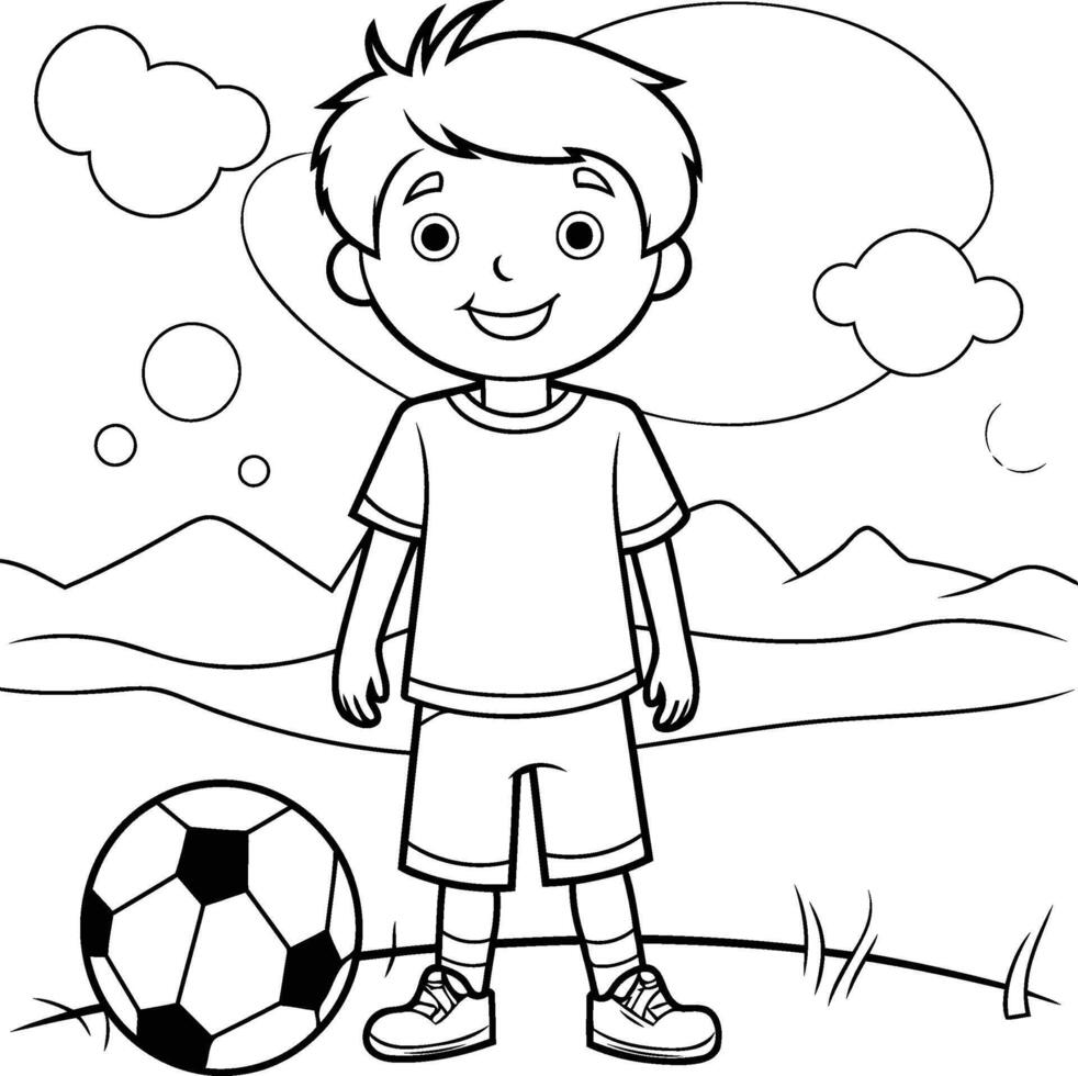 Coloring Page Outline Of a Boy Playing Soccer Illustration vector