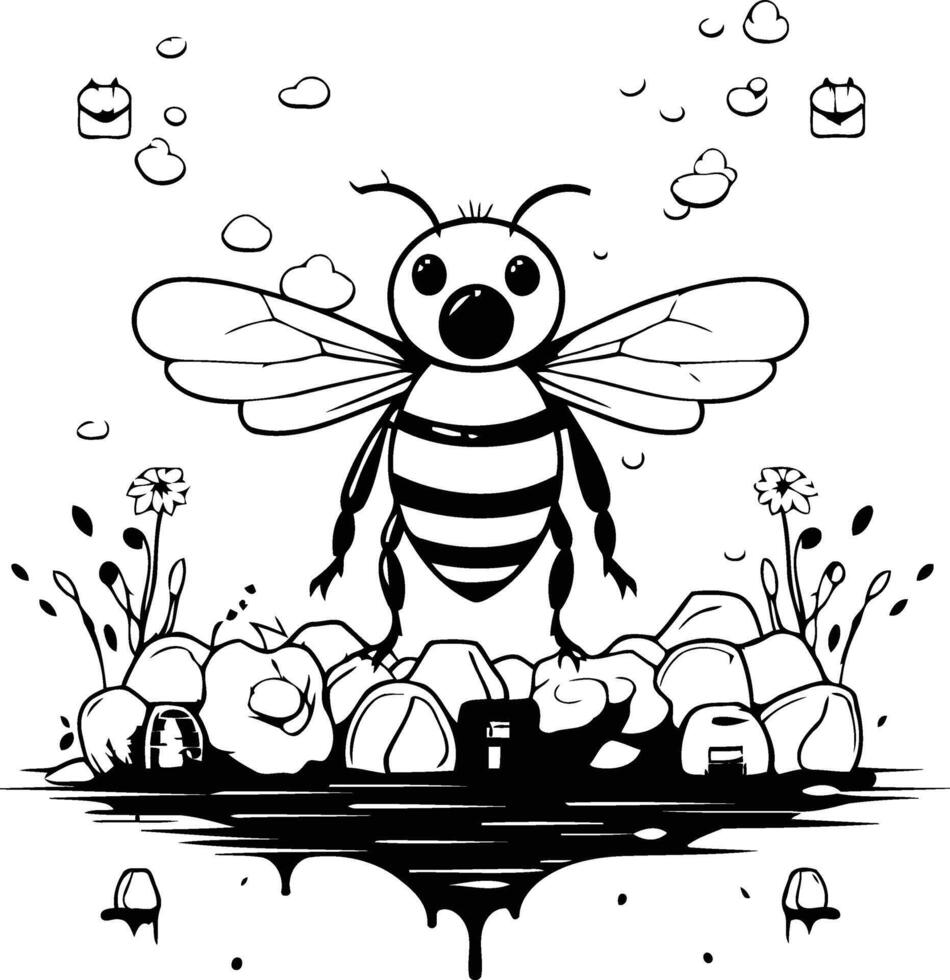 Bee and flowers on white background. Flat style. vector