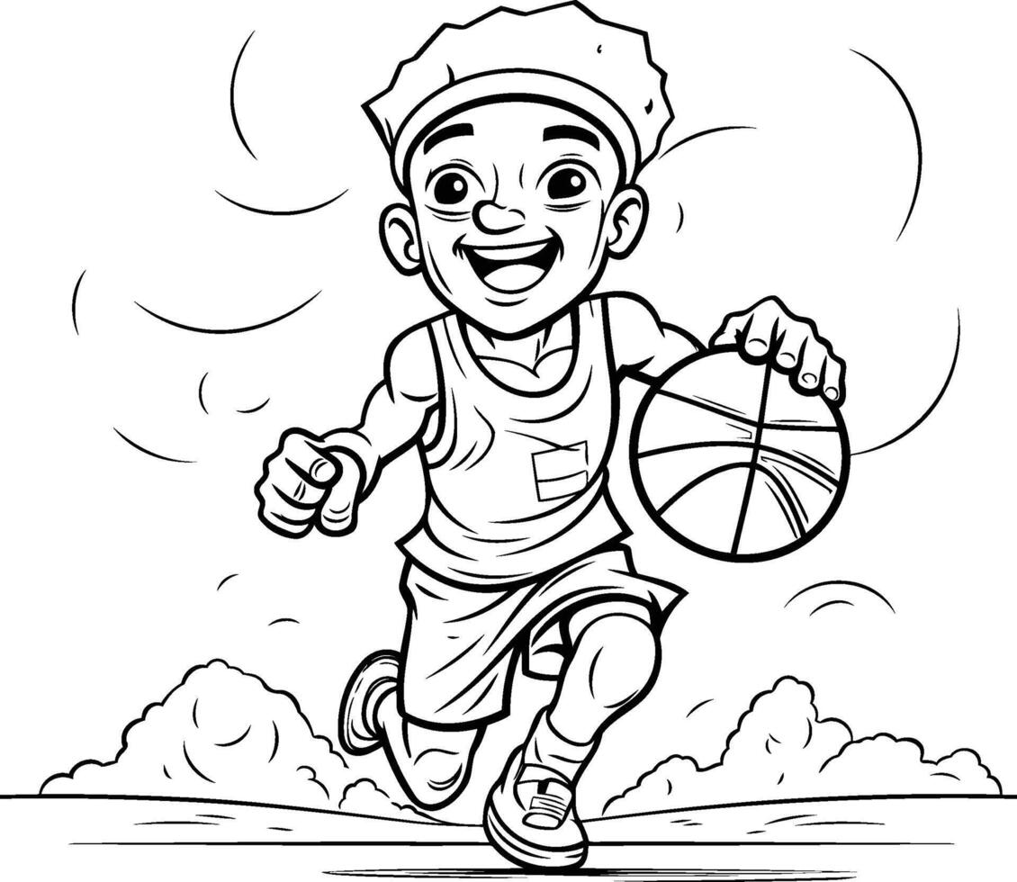 baloncesto jugador - negro y blanco dibujos animados ilustración de un niño jugando baloncesto vector