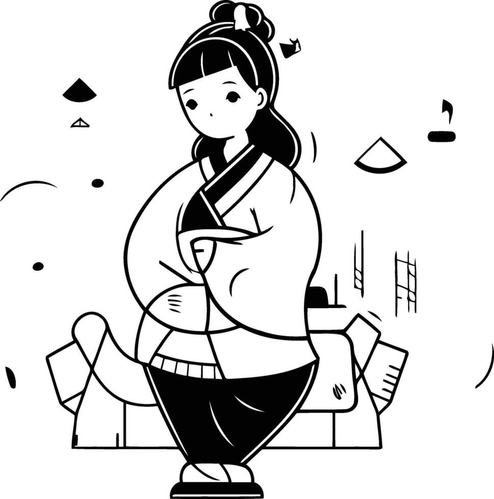 Japanese girl in kimono in cartoon style. vector