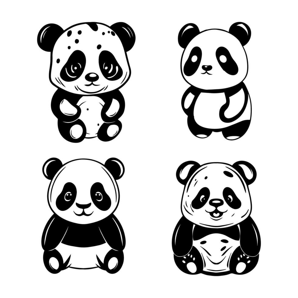 Hand drawn cute panda collection outline illustration vector