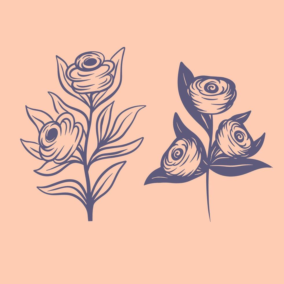 Flat design of linear leaves and flowers vector