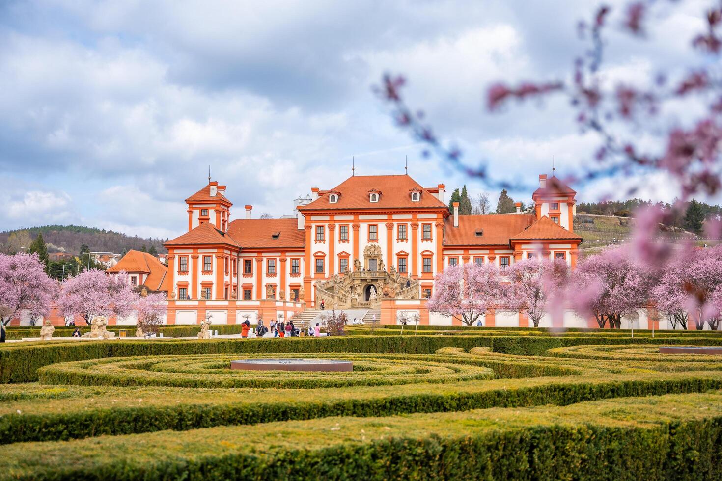 praga, checo república - marzo 17, 2024. troja palacio en primavera con floreciente sakura en praga, checo república. alto calidad foto