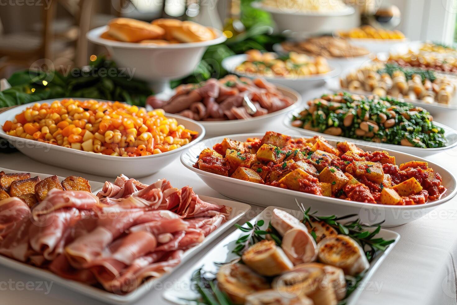 lujoso decoración de blanco manteles con un montón de dedo comida preparado profesional publicidad comida fotografía foto