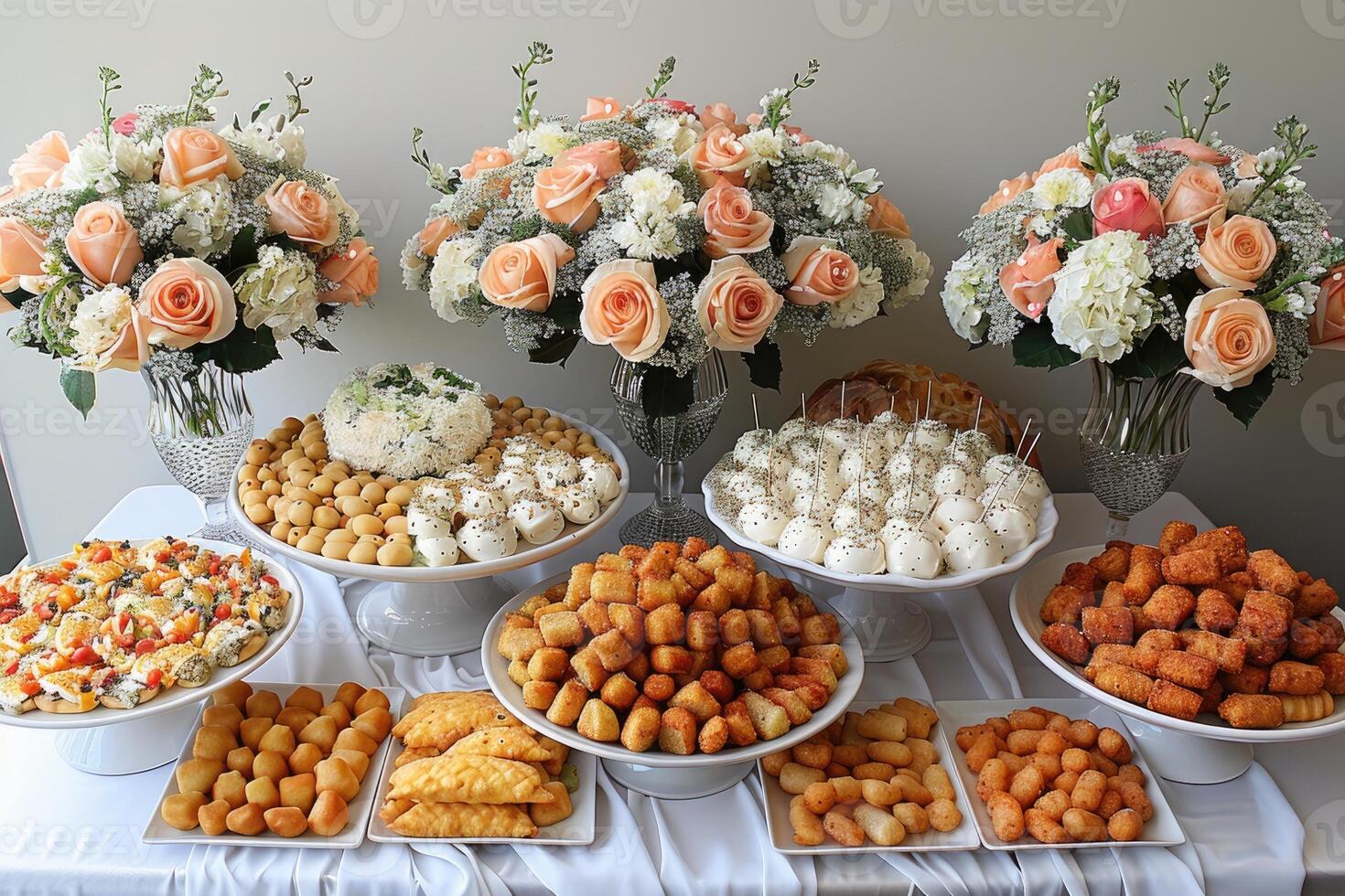 luxurious decoration of white tablecloths with lots of finger food prepared professional advertising food photography photo