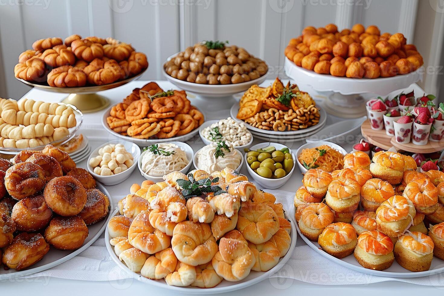 luxurious decoration of white tablecloths with lots of finger food prepared professional advertising food photography photo