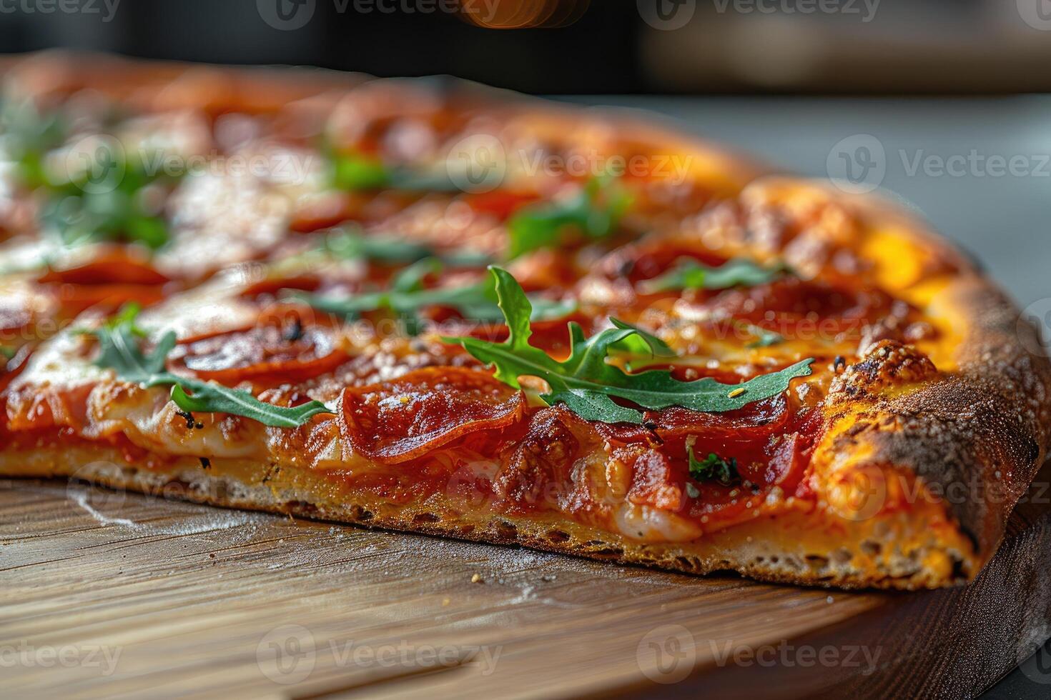 a slice of pizza is placed on a small modern wooden board on a clean kitchen table professional advertising food photography photo