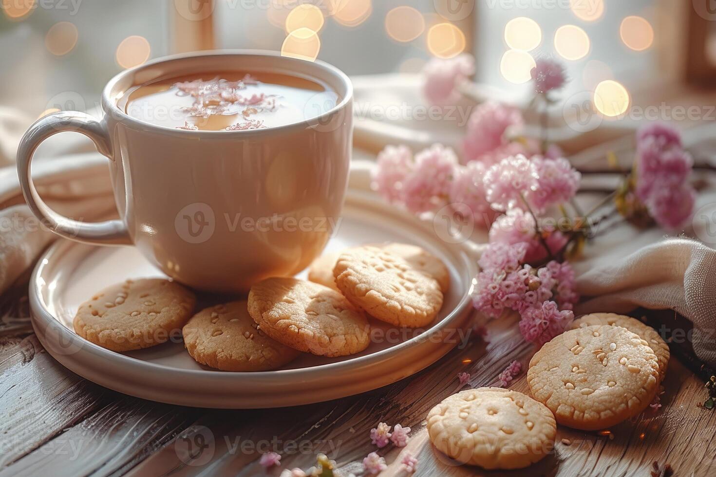 Cup of coffee and cookies in the morning sun with sakura professional advertising food photography photo