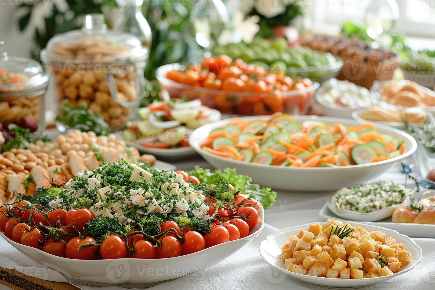 lujoso decoración de blanco manteles con un montón de dedo comida preparado profesional publicidad comida fotografía foto