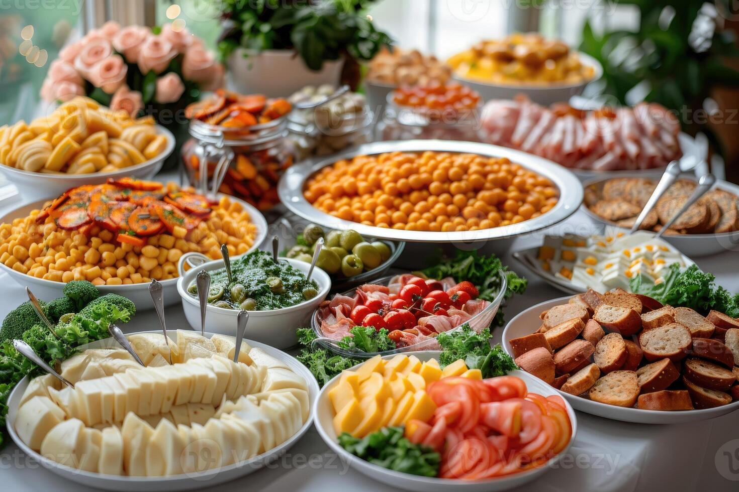 luxurious decoration of white tablecloths with lots of finger food prepared professional advertising food photography photo