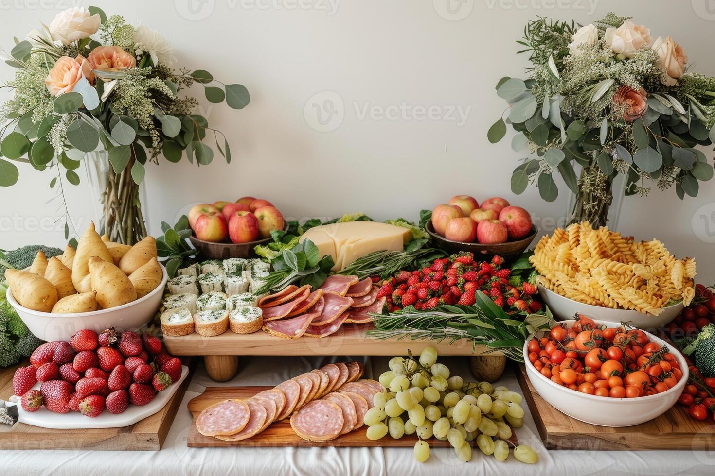 luxurious decoration of white tablecloths with lots of finger food prepared professional advertising food photography photo