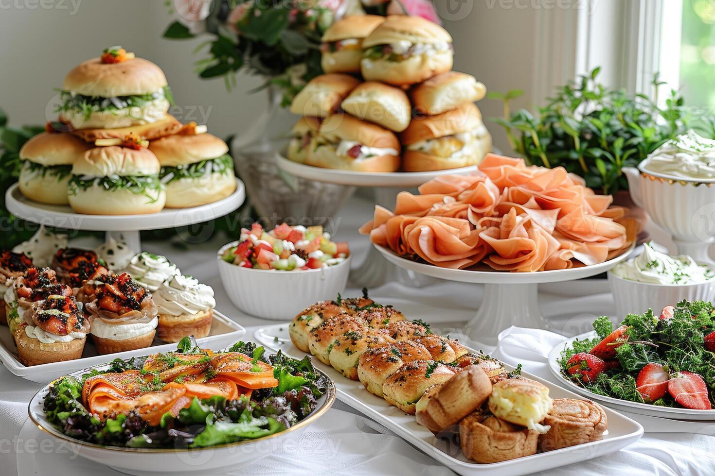 lujoso decoración de blanco manteles con un montón de dedo comida preparado profesional publicidad comida fotografía foto