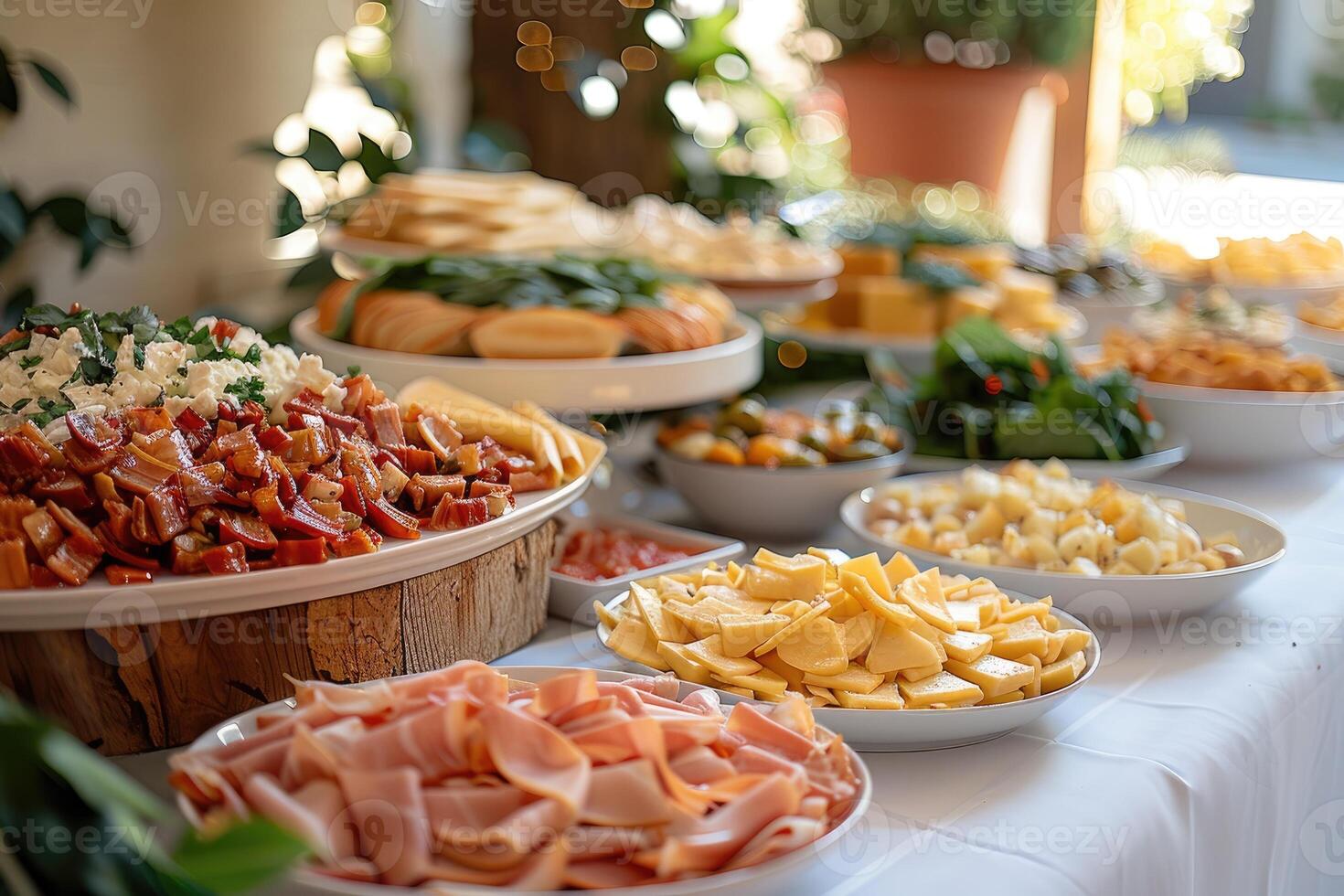 luxurious decoration of white tablecloths with lots of finger food prepared professional advertising food photography photo