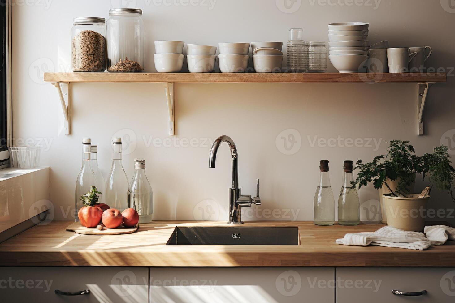 Modern kitchen interior with wooden furniture k professional advertising photography photo