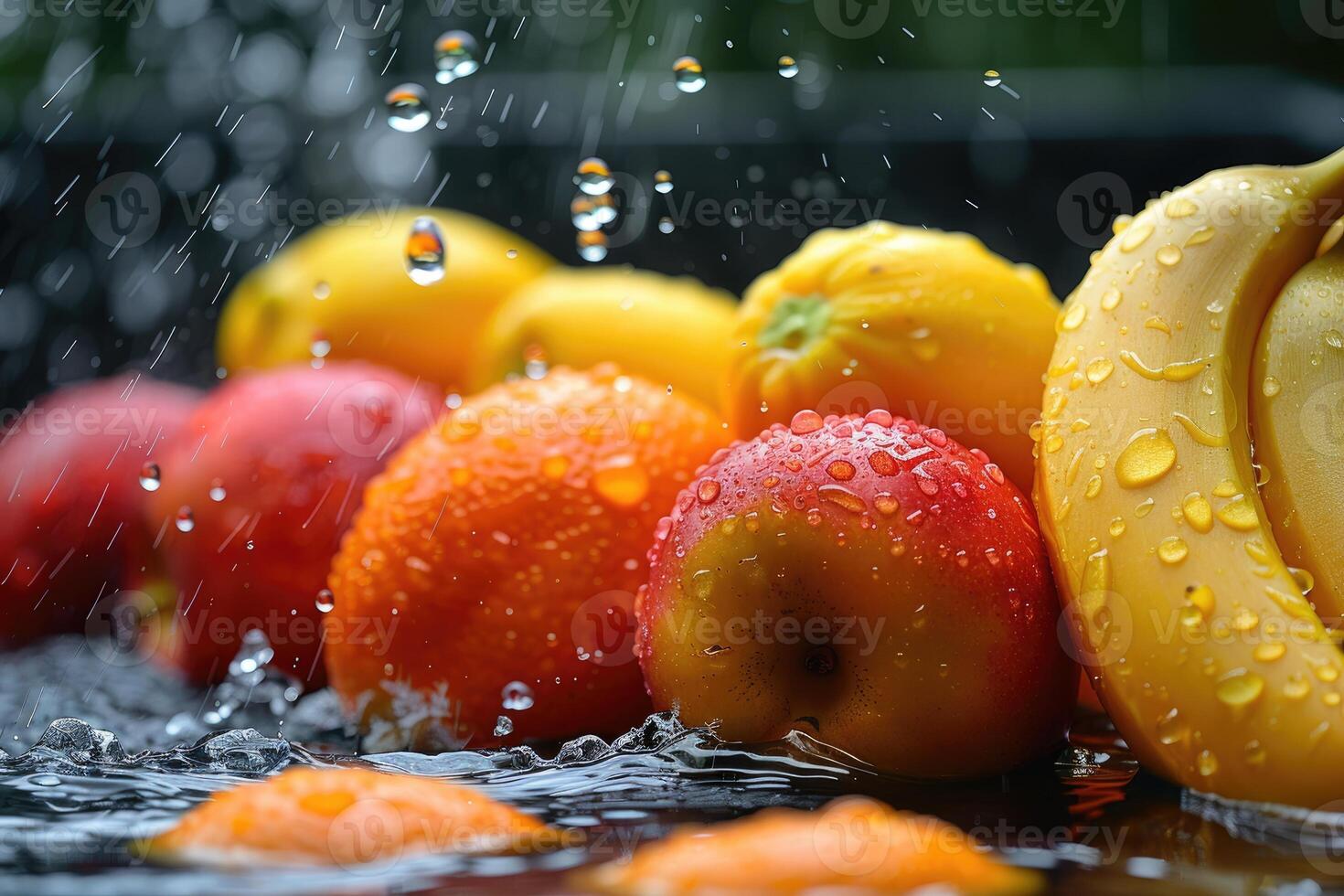 A fresh fruits or vegetables with water droplets creating a splash advertising food photography photo