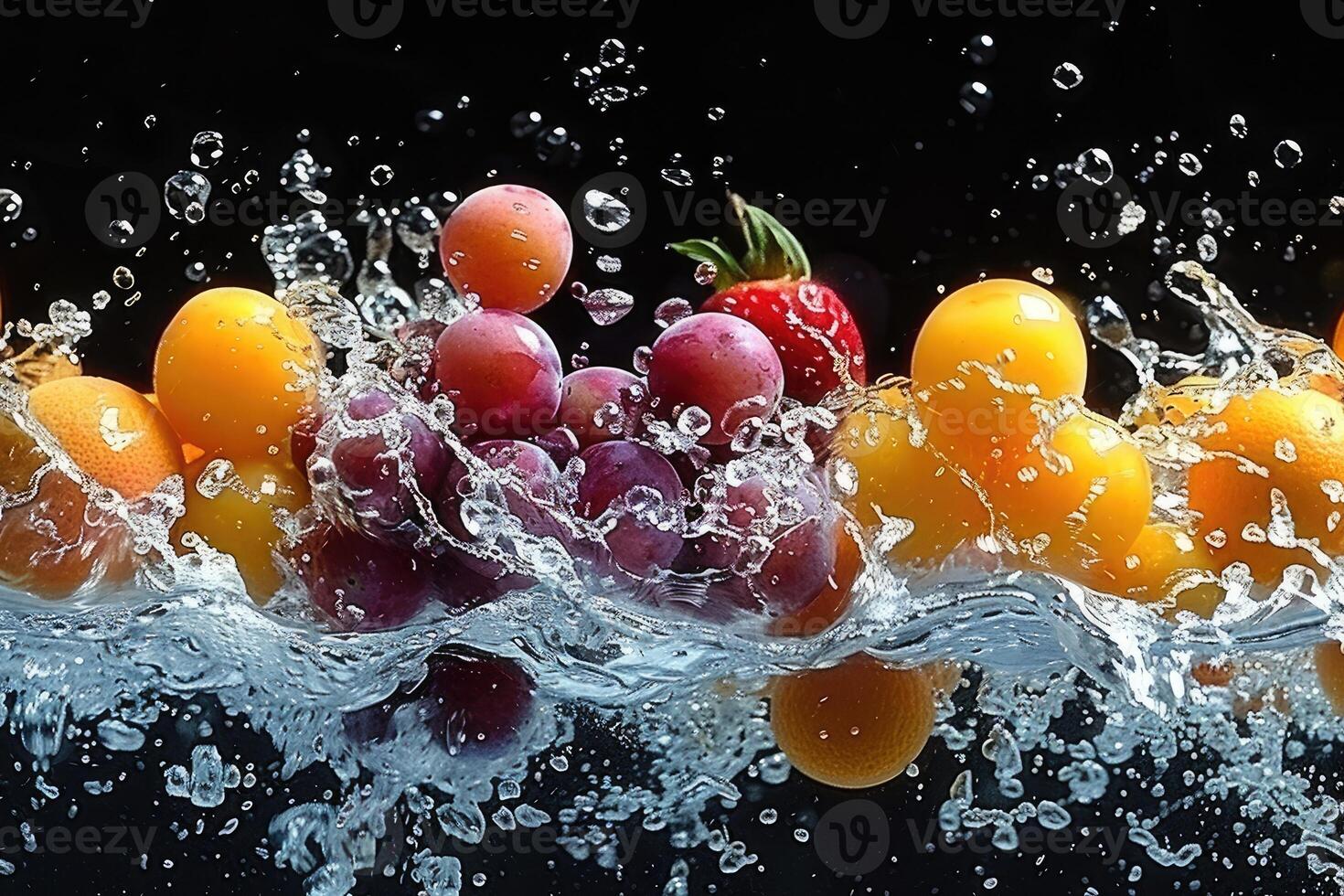 A fresh fruits or vegetables with water droplets creating a splash advertising food photography photo