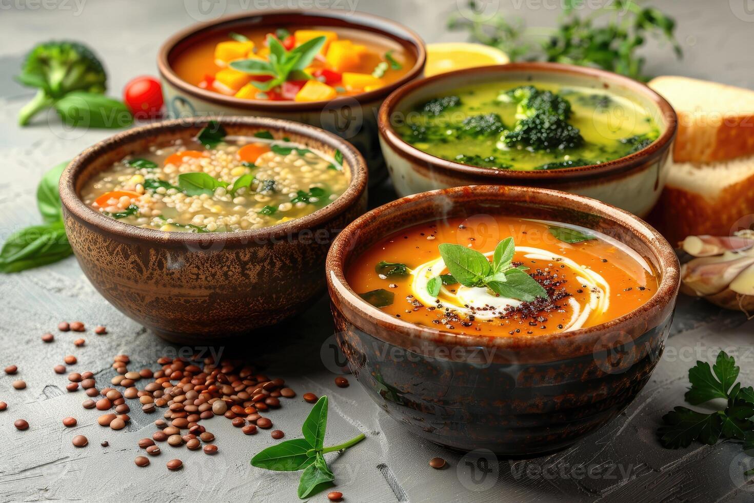 el calor y nutrición de hecho en casa sopas o terciopelo comida profesional publicidad comida fotografía foto