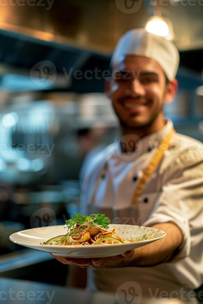 un sonriente cocinero en uniforme sostiene arriba un Exquisito plato, sonriente a el cámara. el antecedentes es un restaurante interior. generado por artificial inteligencia. foto