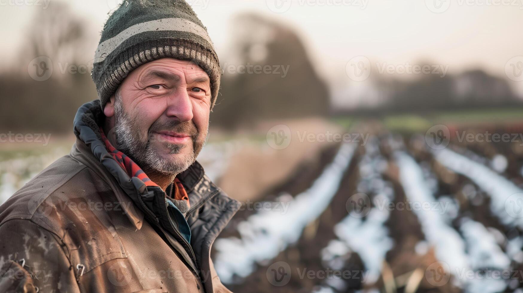 A farmer standing on a winter field. Hint of a smile, looking into camera, late afternoon. Generated by artificial intelligence. photo