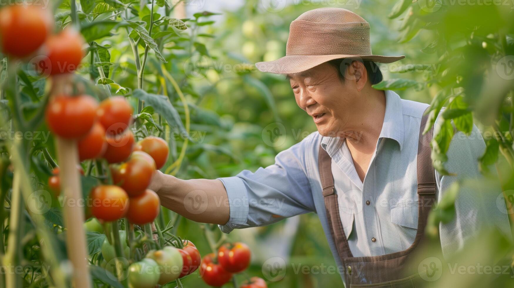 un seguro, bien vestido 40 años asiático granjero tendiendo a tomate plantas. lleno cuerpo disparo, maduro Tomates en el enredadera, lozano tomate huerta en el antecedentes. foto