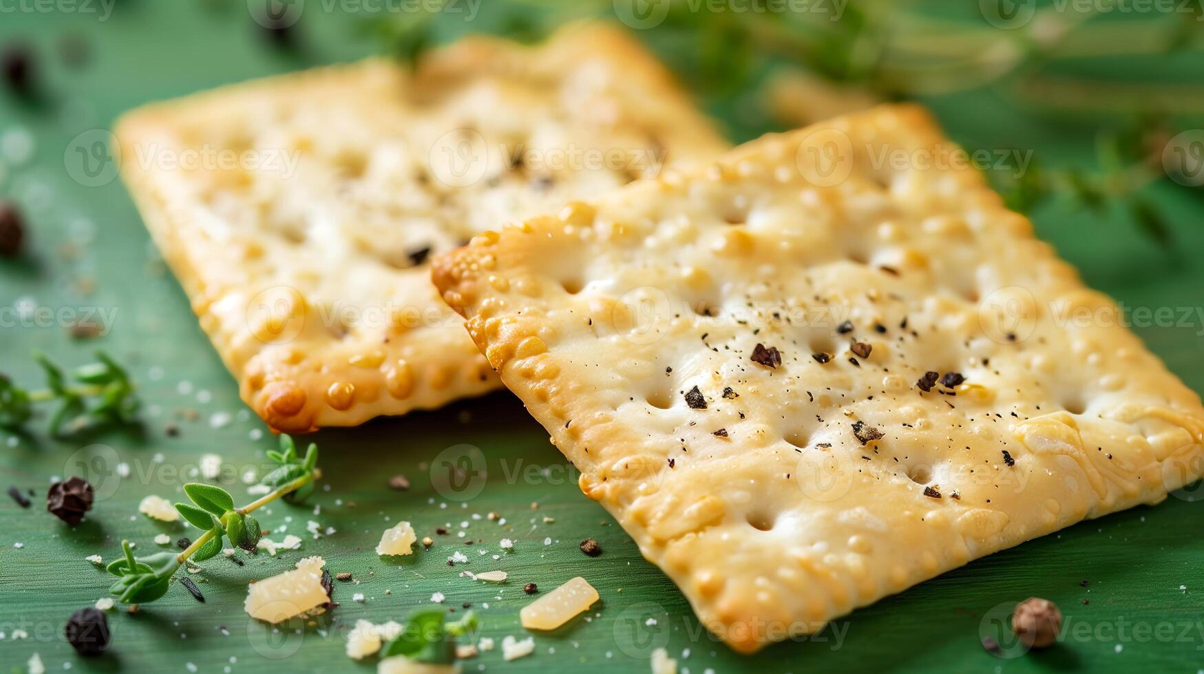 A closeup of square crackers, arranged on top of each other against a light green background. Rosemary, thyme, salt crystals. Generated by artificial intelligence. photo