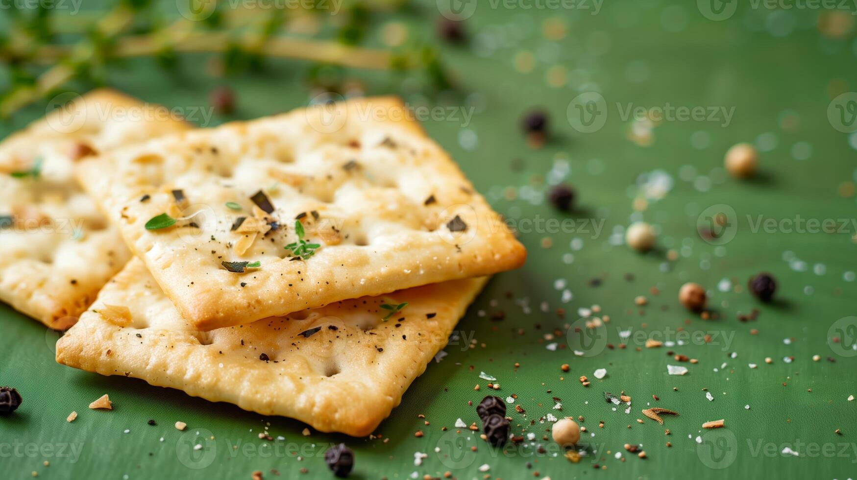 A closeup of square crackers, arranged on top of each other against a light green background. Rosemary, thyme, salt crystals. Generated by artificial intelligence. photo
