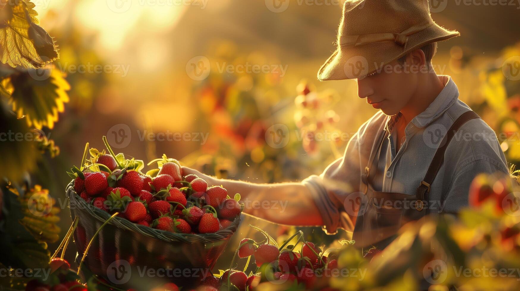 A young farmer inspecting a bushel of plump strawberries in a soft, diffused morning light. Generated by artificial intelligence. photo