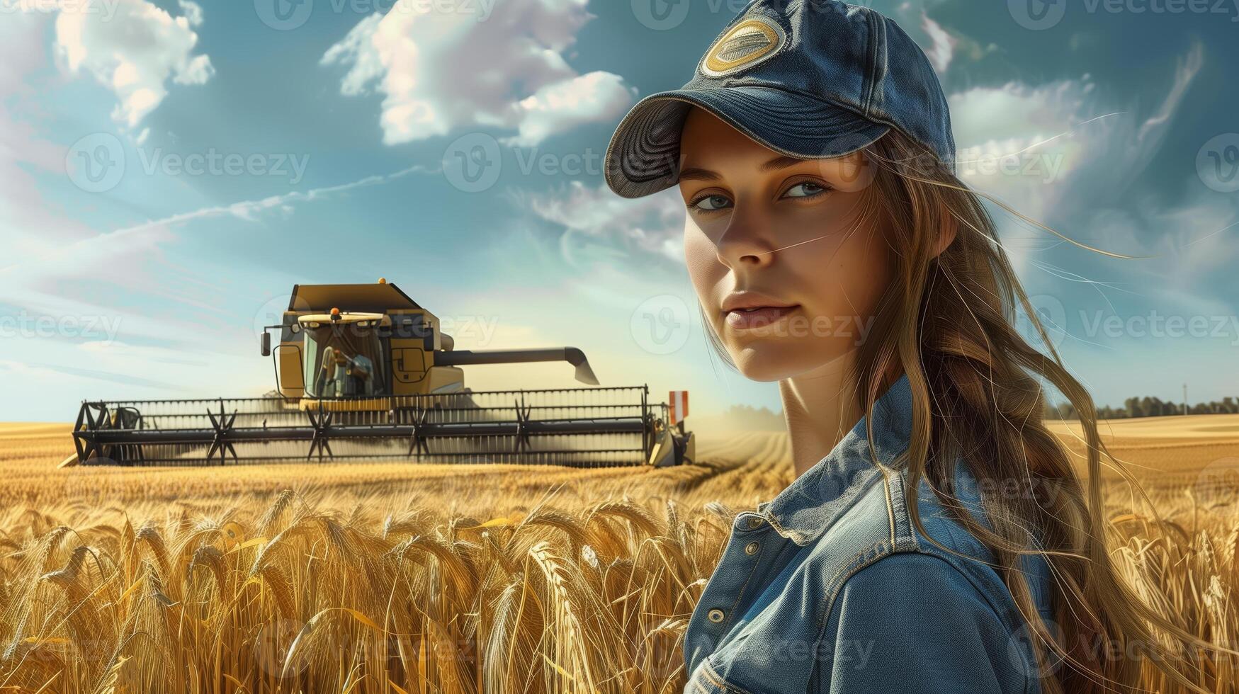 A beautiful woman farmer in front of a combine harvester in a golden wheat field, wearing a baseball cap and overalls in the golden hour lighting. Generated by artificial intelligence. photo