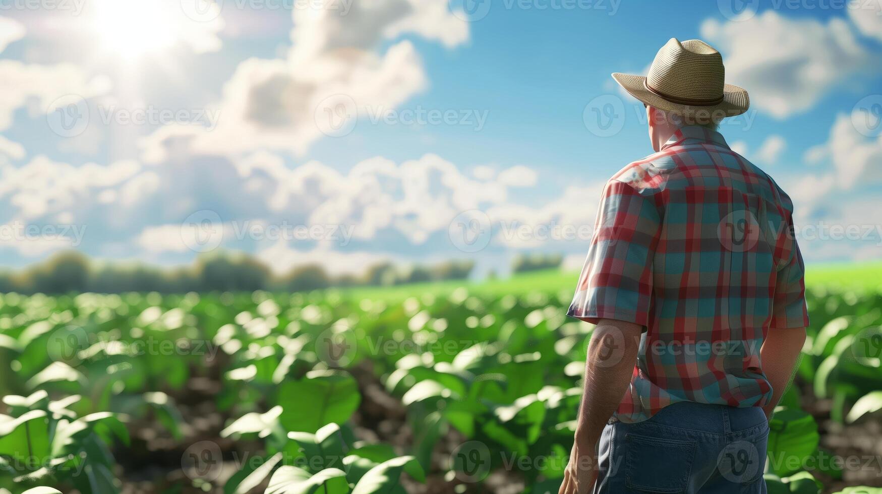 A farmer looking towards the crops. Field landscape from the back. Generated by artificial intelligence. photo