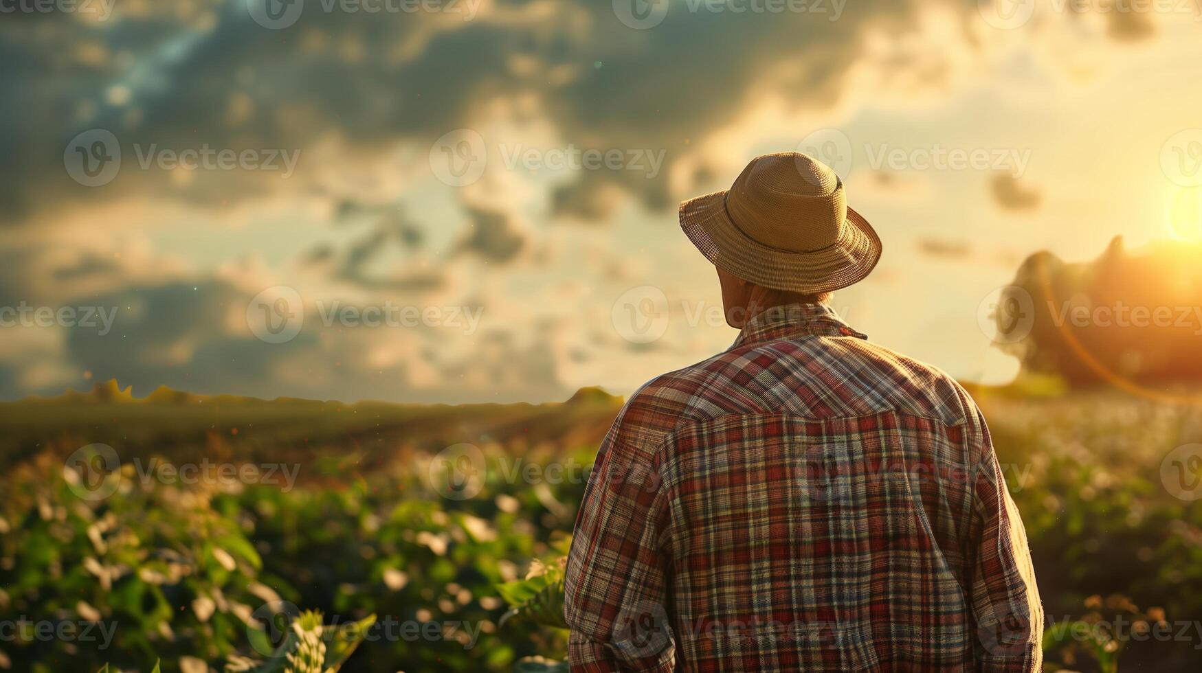 A farmer looking towards the crops. Field landscape from the back. Generated by artificial intelligence. photo