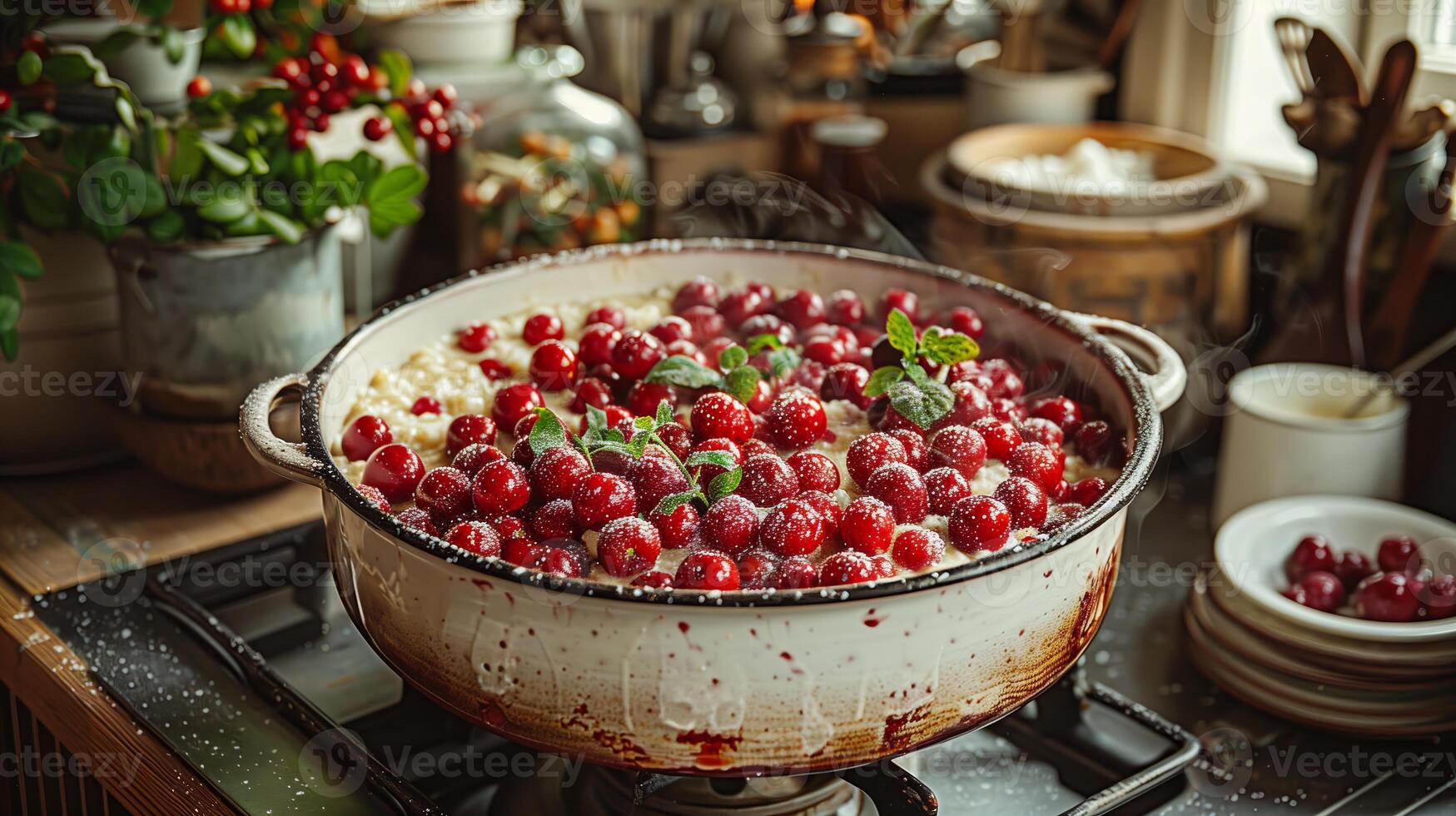 Freshly picked lingonberries in a pot. Vibrant red berries, jam, food photography. Generated by artificial intelligence. photo