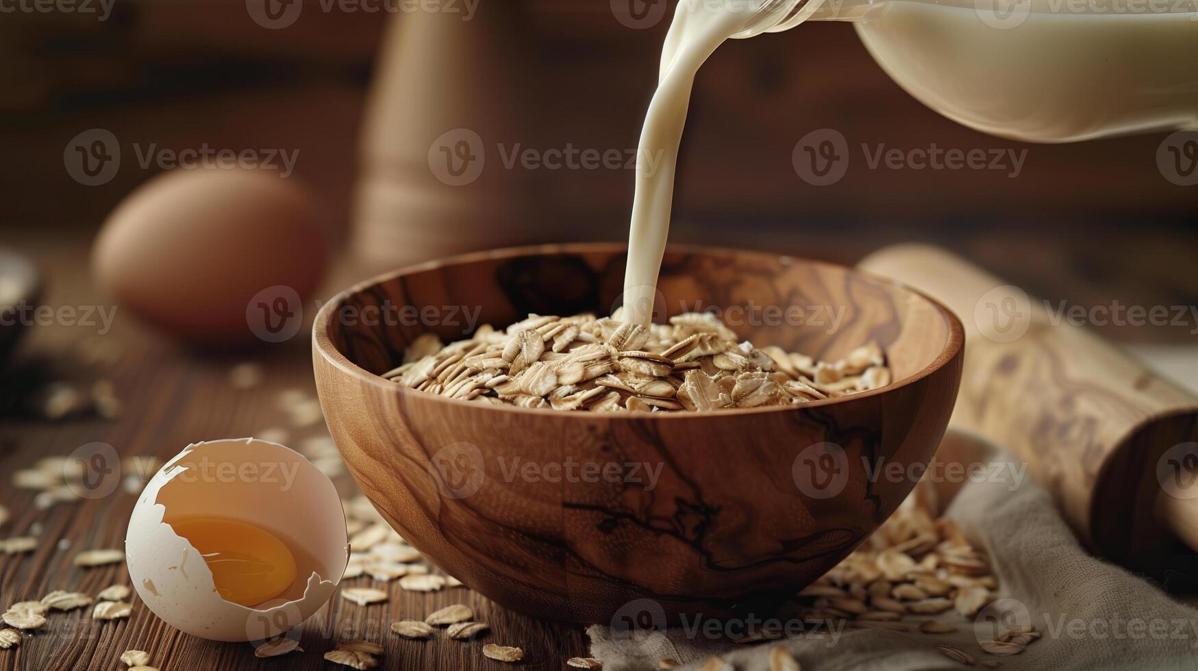 Oats being poured into a wooden bowl with milk pouring from the top, in a kitchen setting with a fresh eggs on the table. Generated by artificial intelligence. photo