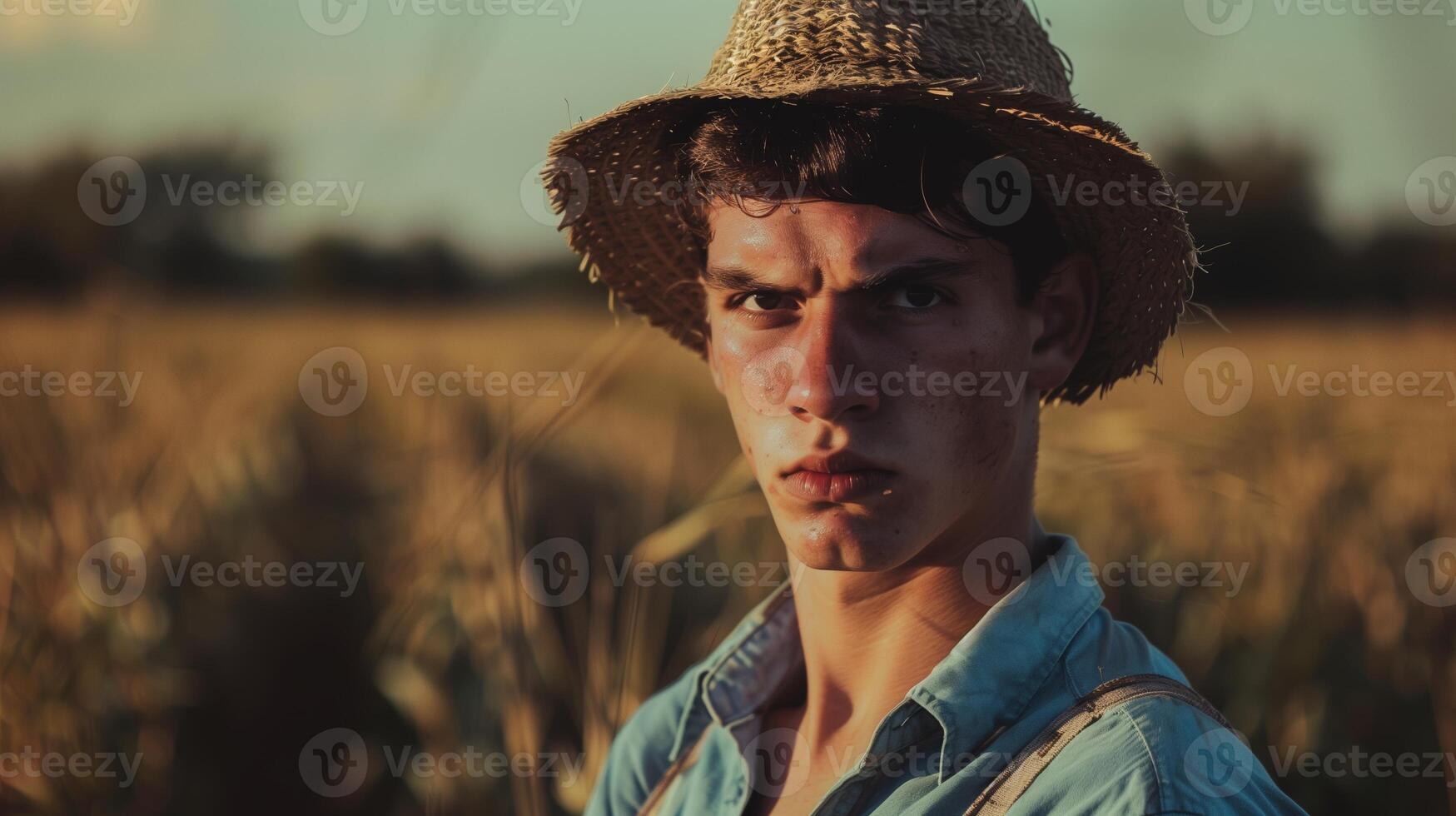 A young angry french agricultor. The field landscape from the back. Generated by artificial intelligence. photo